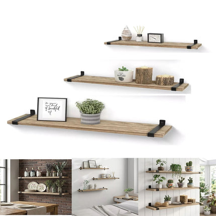 Floating Shelves Set of 3 Wall Mounted Paulownia Wood Storage Display Shelf Kit