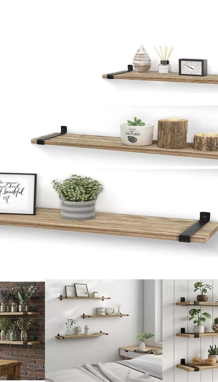 Floating Shelves Set of 3 Wall Mounted Paulownia Wood Storage Display Shelf Kit