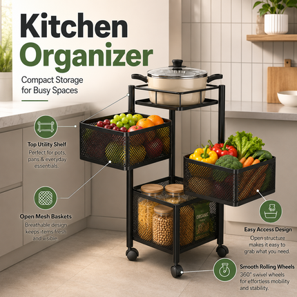 Storage Rack 4 Tier Rotating Kitchen Trolley Cart Vegetable Shelf Stand