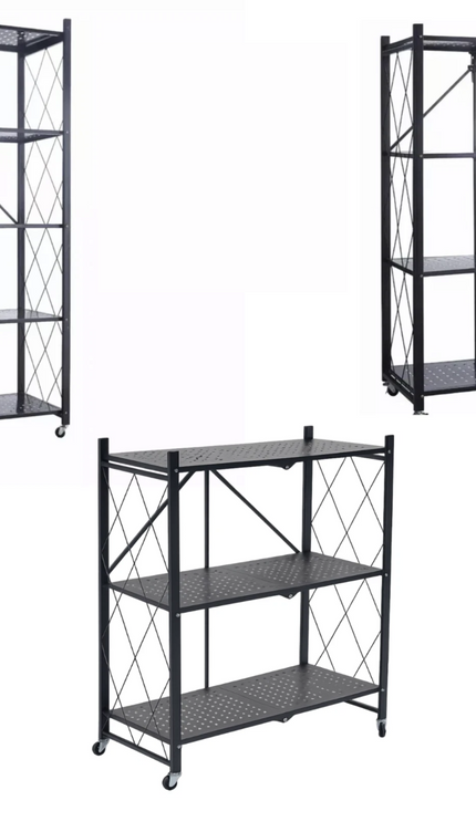 Foldable Metal Storage Shelf Rack with Wheels – 3/4/5 Tier, Black