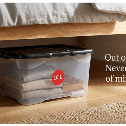 Curve Storage Box With Lid 10 Liters Clear Plastic Underbed Home Organizer Box