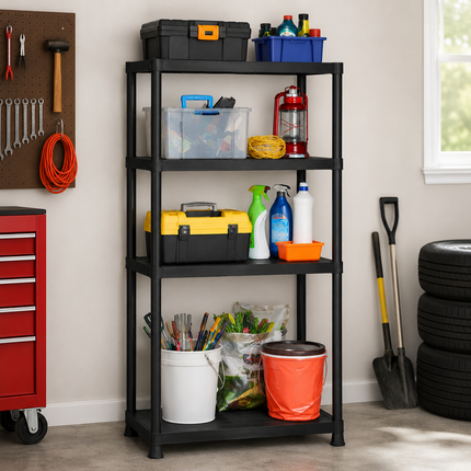 Storage Shelving 4 Tier Black Plastic Rack Pack 2 Home Garage