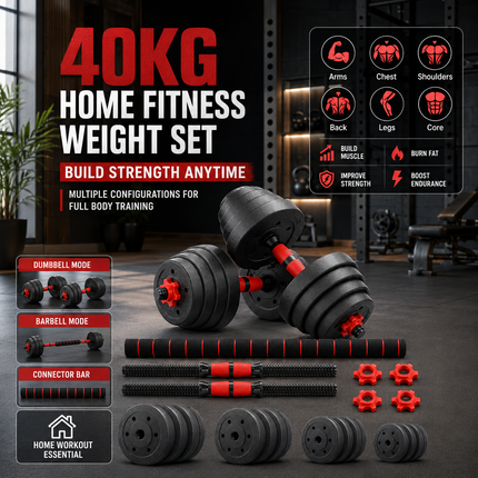 Adjustable Dumbbell Barbell Weight 40KG Lifting 6-in-1 Kettlebell Gym Set Kit