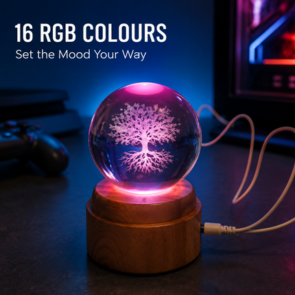 Tree of Life Crystal Ball 8cm LED Night Light Rotating Base USB Warm White + RGB