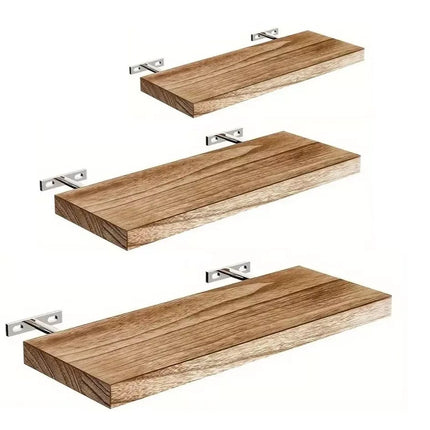 Floating Shelves Set of 3 Wall Mounted Paulownia Wood Storage Display Shelf Kit