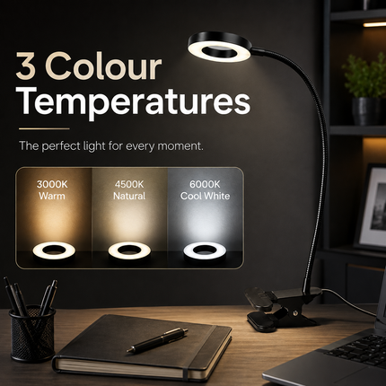 LED Gooseneck Clip Desk Lamp USB Dimmable 3 Colour Modes 10 Brightness Level