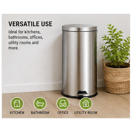 Pedal Bin 30L Stainless Steel Office Kitchen Bathroom Rubbish Waste Trash Can