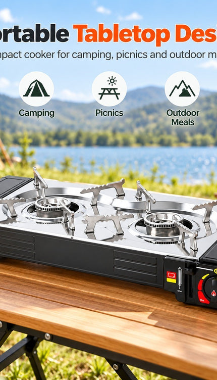 Portable Double Burner Butane Stove Outdoor Camping Cooker BBQ Easy Ignition