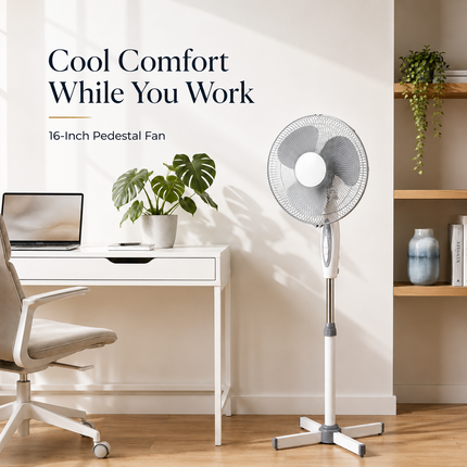 16” Fan Pedestal Oscillating Adjustable Height 3 Speed Powerful Airflow