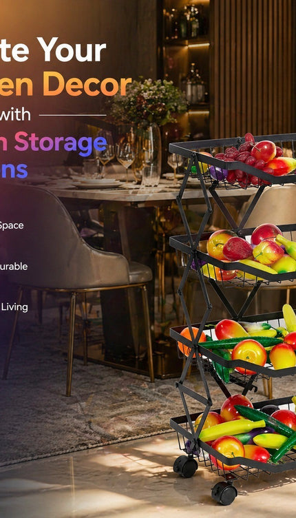 4 Tier Folding Rolling Fruit & Vegetable Storage Trolley Kitchen Cart With Wheel