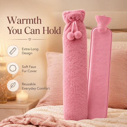 Extra Long 2.2L Hot Water Bottle Soft Fleece Cover Neck Back Pain Relief - Pink