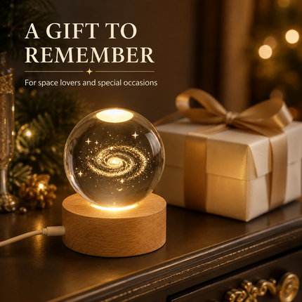 3D Engraved Galaxy Crystal Ball Night Light 6cm USB Wooden Base Warm White + RGB