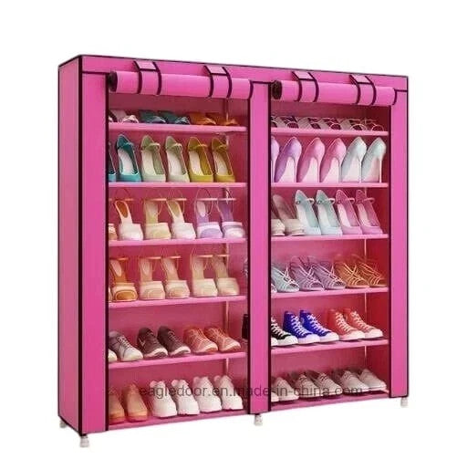 6 Tier Shoe Rack Pink Fabric Canvas Shelf Storage Cabinet Organiser 107 x 102cm