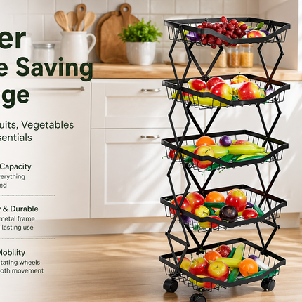 4/5 Tier Folding Rolling Fruit & Vegetable Storage Trolley Kitchen Cart on Wheel