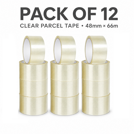 Parcel Tape 48mm X 66m Strong Heavy Duty for Secure Box Packing 12-Rolls Clear