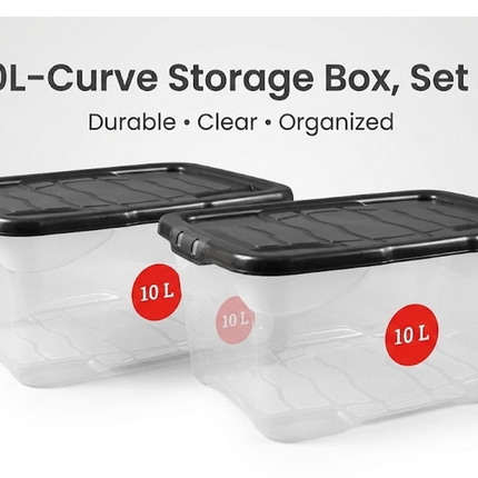 2x Curve Storage Boxes With Lid 10L Clear Plastic Underbed Home Office Organizer