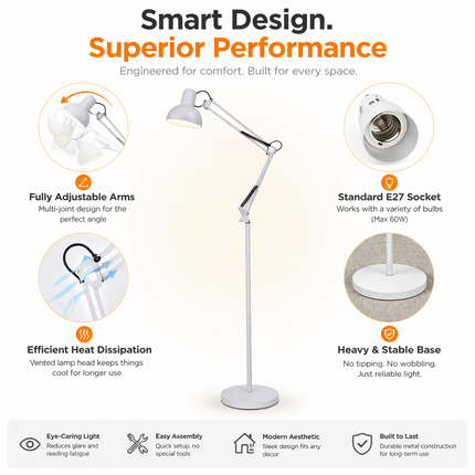 Modern Metal Floor Lamp Flexible Swing Arms for Reading Adjustable Swing Light