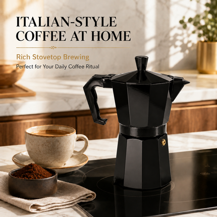 Moka Pot Black Stovetop Aluminium Italian Espresso Ground Coffee Maker 300ml