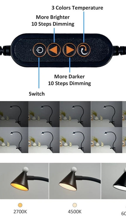 LED Desk Lamp Clip On Reading Light 3W Eye Care Flexible 10 Brightness Levels