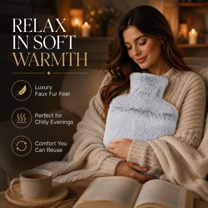 Hot Water Bottle 2L with Soft Faux Fur Cover Leakproof Winter Warmer Light Grey