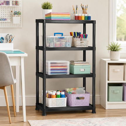 Storage Shelving 4 Tier Black Plastic Rack Pack 2 Home Garage