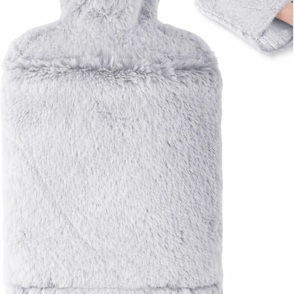 Hot Water Bottle 2L with Soft Faux Fur Cover Leakproof Winter Warmer Light Grey