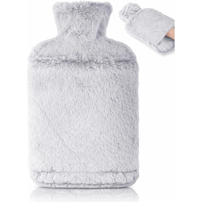 Hot Water Bottle 2L with Soft Faux Fur Cover Leakproof Winter Warmer Light Grey