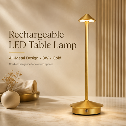 Cordless LED Table Lamp USB-C Rechargeable Dimmable Metal Light 3 Colour Modes