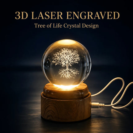 Tree of Life Crystal Ball 6cm LED Night Light Rotating Base USB Warm White + RGB