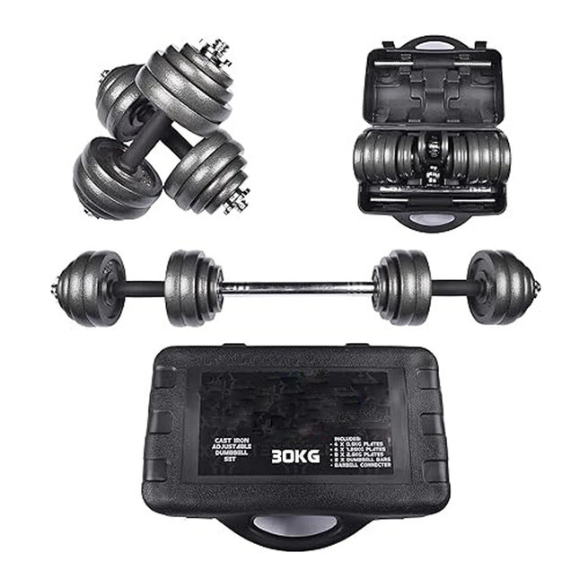 30kg Cast Iron Adjustable Dumbbell Barbell Set Non-Slip Grip Men Women Workout