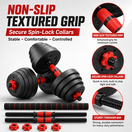 Adjustable Dumbbell Barbell Kettlebell 30KG Weight Set Home Gym Fitness 6 in 1