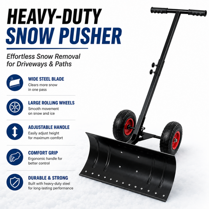 Snow Shovel with Wheels Adjustable Handle Multi Angle Snow Pusher Blade