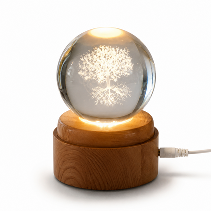 Tree of Life Crystal Ball 8cm LED Night Light Rotating Base USB Warm White + RGB