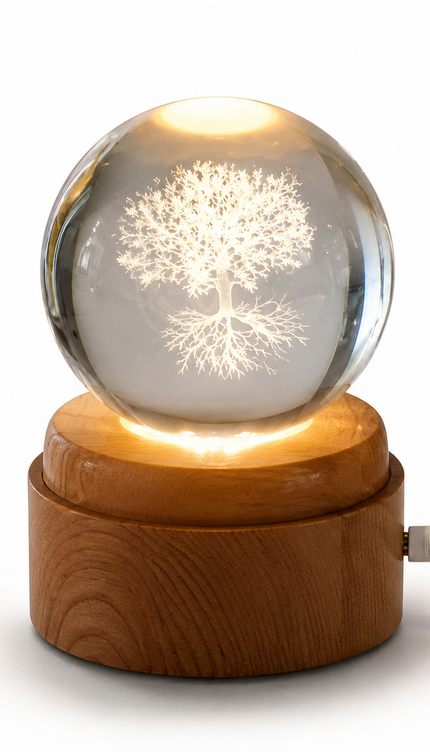 Tree of Life Crystal Ball 8cm LED Night Light Rotating Base USB Warm White