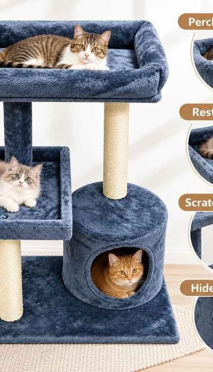 Mid-Height Cat Tree Tower 80CM Multi Level Activity Centre Sisal Scratching Post
