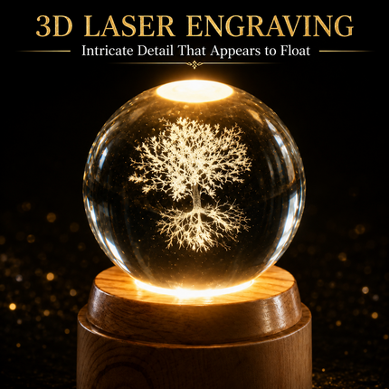 Tree of Life Crystal Ball 6cm LED Night Light Rotating Base USB Warm White + RGB