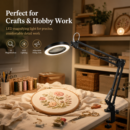 3X Magnifying Desk Lamp LED Light Dimmable 3 Light Colour Step Dimming Swing Arm