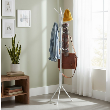 White Metal Coat Stand Garment Rack Jacket Umbrella Hanger 12 Hook Standing