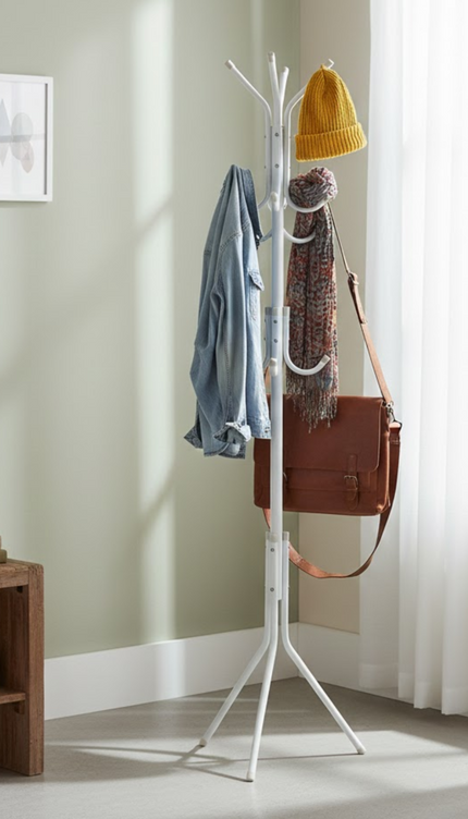 White Metal Coat Stand Garment Rack Jacket Umbrella Hanger 12 Hook Standing