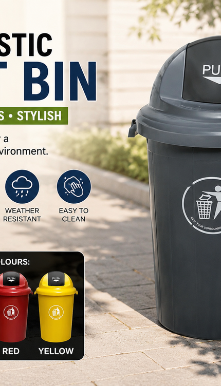 80L Large Plastic Dustbin Push Flap Lid Rubbish Waste Bin Home Office Kitchen