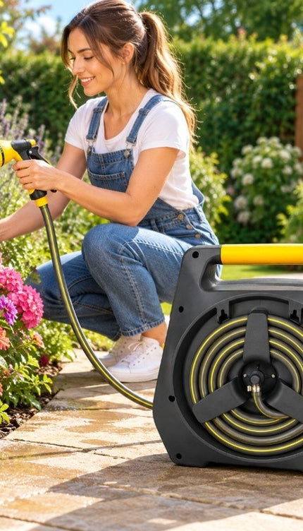 15M Portable Garden Hose Reel Set Wall Mount 8 Function Spray Gun Nozzle Pipe