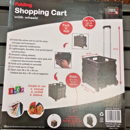Folding Boot Cart Shopping 25kg Trolley Fold Up Storage Box Wheels Foldable 45L
