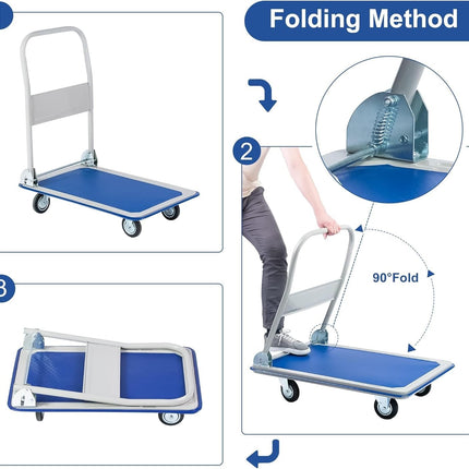 Folding Platform Trolley Cart Hand Truck Flatbed 300kg Heavy Duty Dolly Blue