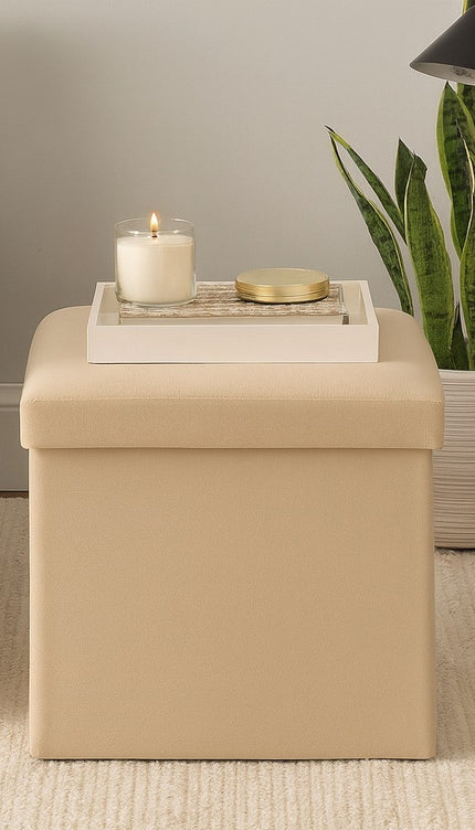 Faux Leather Folding Ottoman Storage Box Seat Stool Home Footstool Single Cream