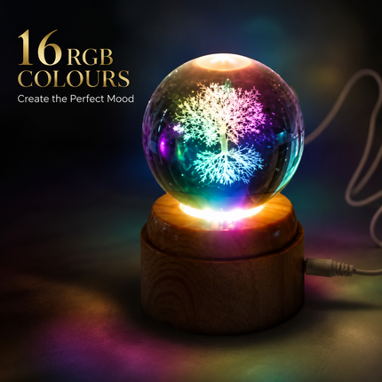 Tree of Life Crystal Ball 6cm LED Night Light Rotating Base USB Warm White + RGB