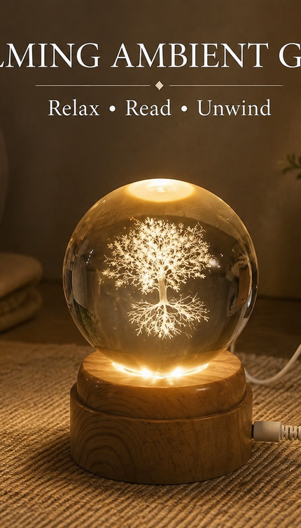 Tree of Life Crystal Ball 8cm LED Night Light Rotating Base USB Warm White