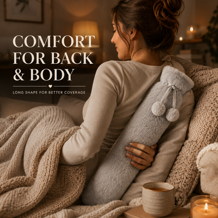 Extra Long 2.2L Hot Water Bottle Soft Fleece Cover Body Pain Relief Light Grey