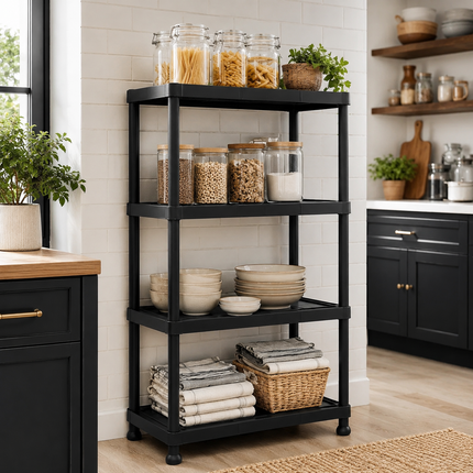 4-Tier Black Plastic Storage Shelf Rack - Home Garage Use