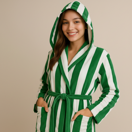 X-Large White & Green Unisex Cotton Terry Bathrobe Gown Soft Spa Robe Men Women