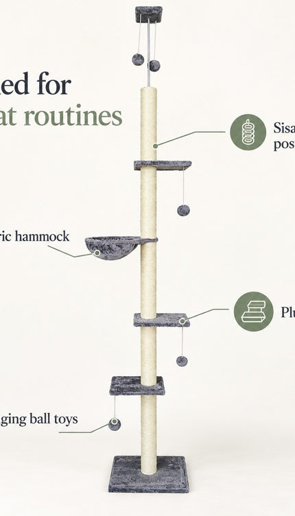 Floor to Ceiling Cat Tree 252cm Multi Level Sisal Scratching Post Hammock Toy